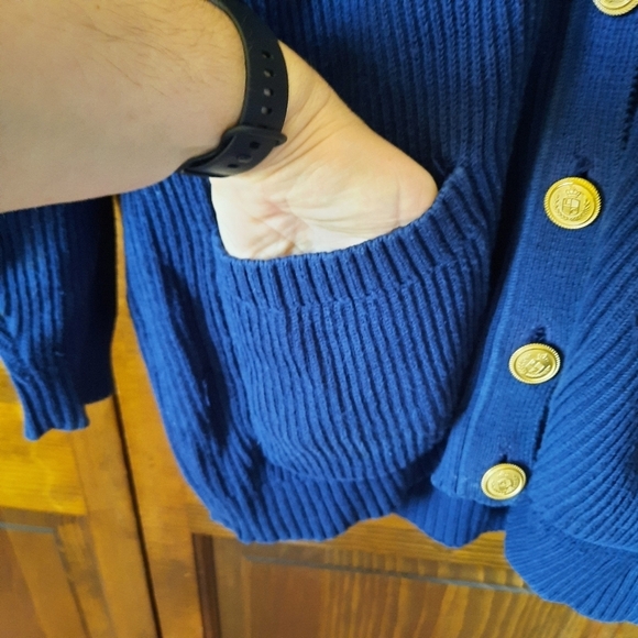 Vintage Liz Sport 100% Cotton Navy Blue Ribbed Knit Preppy Cardigan Sweater - Picture 6 of 9